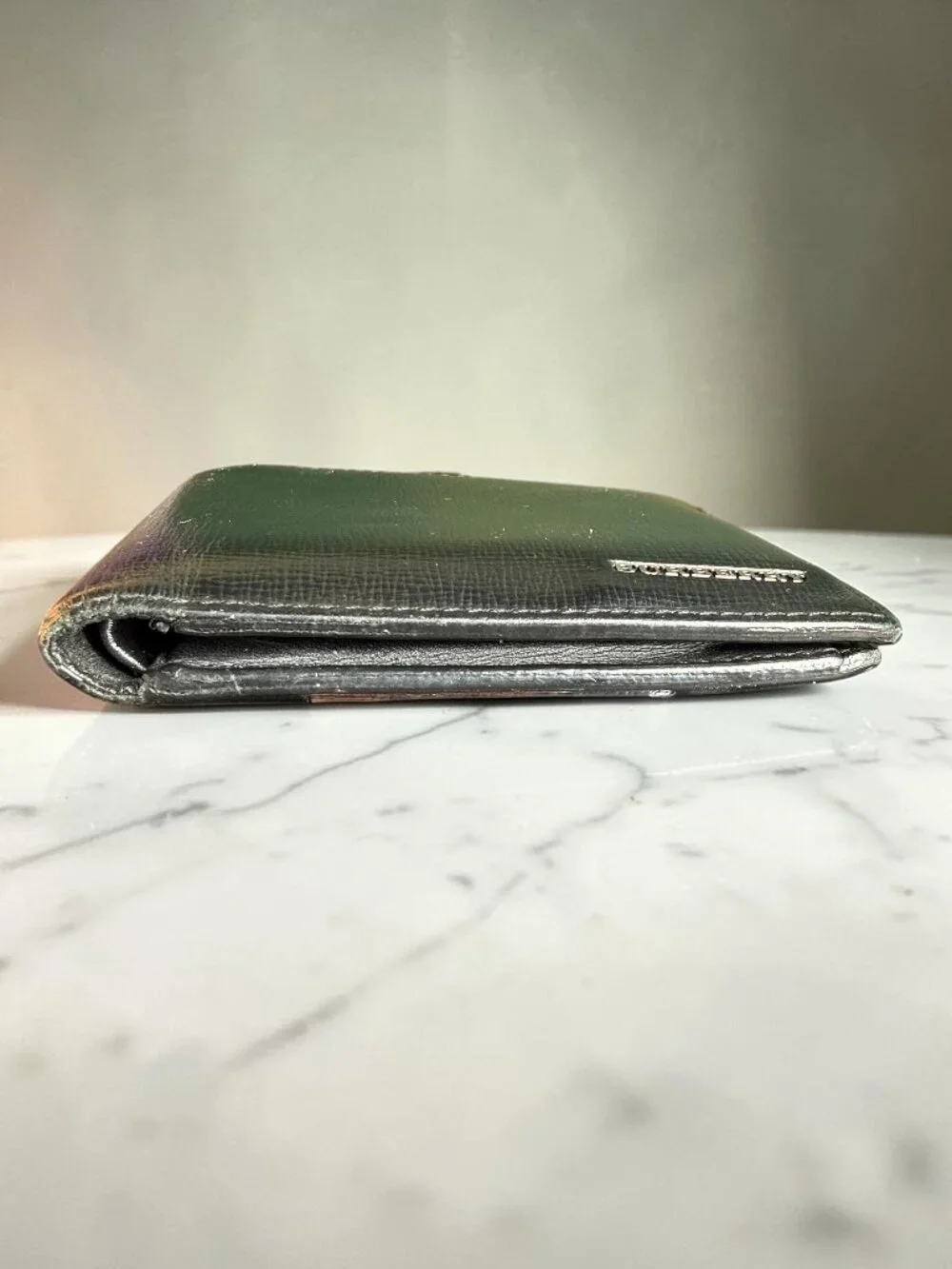 Burberry Mens Vintage Black Leather Bifold Wallet with Coin Pocket and COA